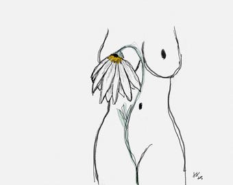 Elegant Female Form with Floral Accents | Minimalist Line Art Digital Print | Modern Feminine Wall Art | Instant Download