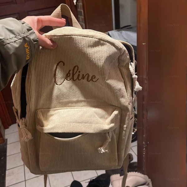 Sac à dos enfant brodé personnalisé en velours côtelé pour enfant, sac à dos avec nom personnalisé, sac brodé pour garçon, fille, sac à dos scolaire en velours côtelé