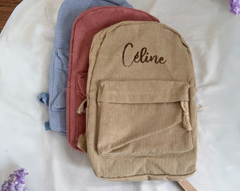 Sac à dos enfant brodé personnalisé en velours côtelé pour enfant, sac à dos avec nom personnalisé, sac brodé pour garçon, fille, sac à dos scolaire en velours côtelé