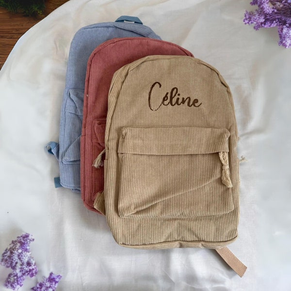 Gepersonaliseerde geborduurde kinderrugzak Corduroy kinderrugzak, aangepaste naamrugzak, geborduurde tas voor jongens meisjes Corduroy schoolrugzak