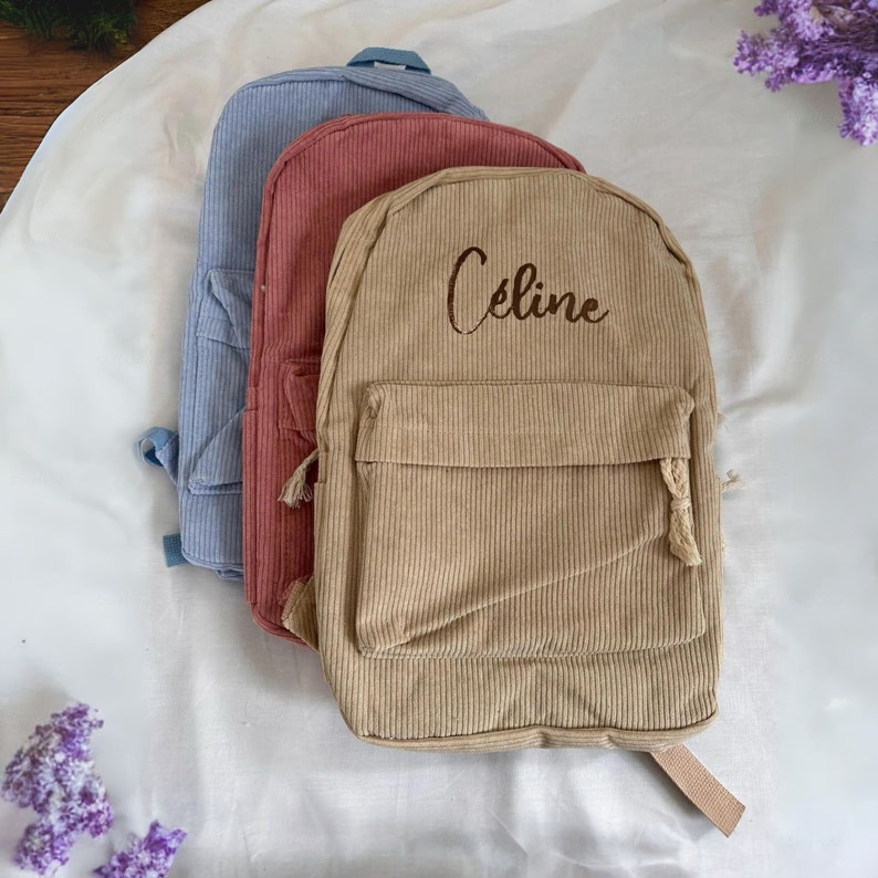 Personalized Embroidered Kids Backpack Corduroy Kids Backpack, Custom Name Backpack, Embroidered Bag for Boys Girls Corduroy School Backpack image 1