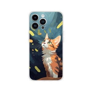 May include: A clear phone case with a colourful abstract design featuring a cat looking up. The cat is orange and white with green eyes.