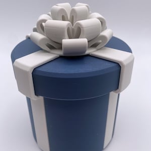 May include: A blue gift box with a white ribbon and bow on top. The box is decorated with white stripes.