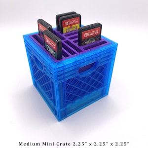 May include: A blue plastic crate with 15 slots for storing Nintendo Switch game cartridges. The crate measures 2.25 inches by 2.25 inches by 2.25 inches.