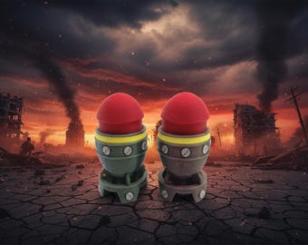 May include: Two novelty items shaped like miniature bombs, each with a red top and a gray and green body with yellow accents. The background depicts a post-apocalyptic scene with a fiery sky and destroyed buildings.