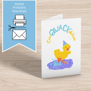 Aniversario Graduación Nacimiento ¡Felicidades! * Tarjeta de felicitación fácil de imprimir * Patito lindo y divertido dibujado a mano * Tamaño carta A4 A5 A6 5x7