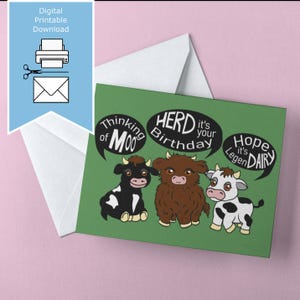 Rebaño Es tu cumpleaños * Tarjeta de cumpleaños fácil de imprimir * Vaquitas bebés esponjosas y divertidas dibujadas a mano * Tamaño carta A4 A5 A6 5x7 * Imprimir en casa