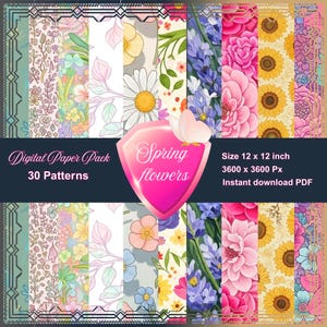 30 PATTERNS Spring FLOWERS |12x12&quot; Scrapbook Backgrounds | Instant Download.Perfect for scrapbooking, journaling & creative DIY crafts.