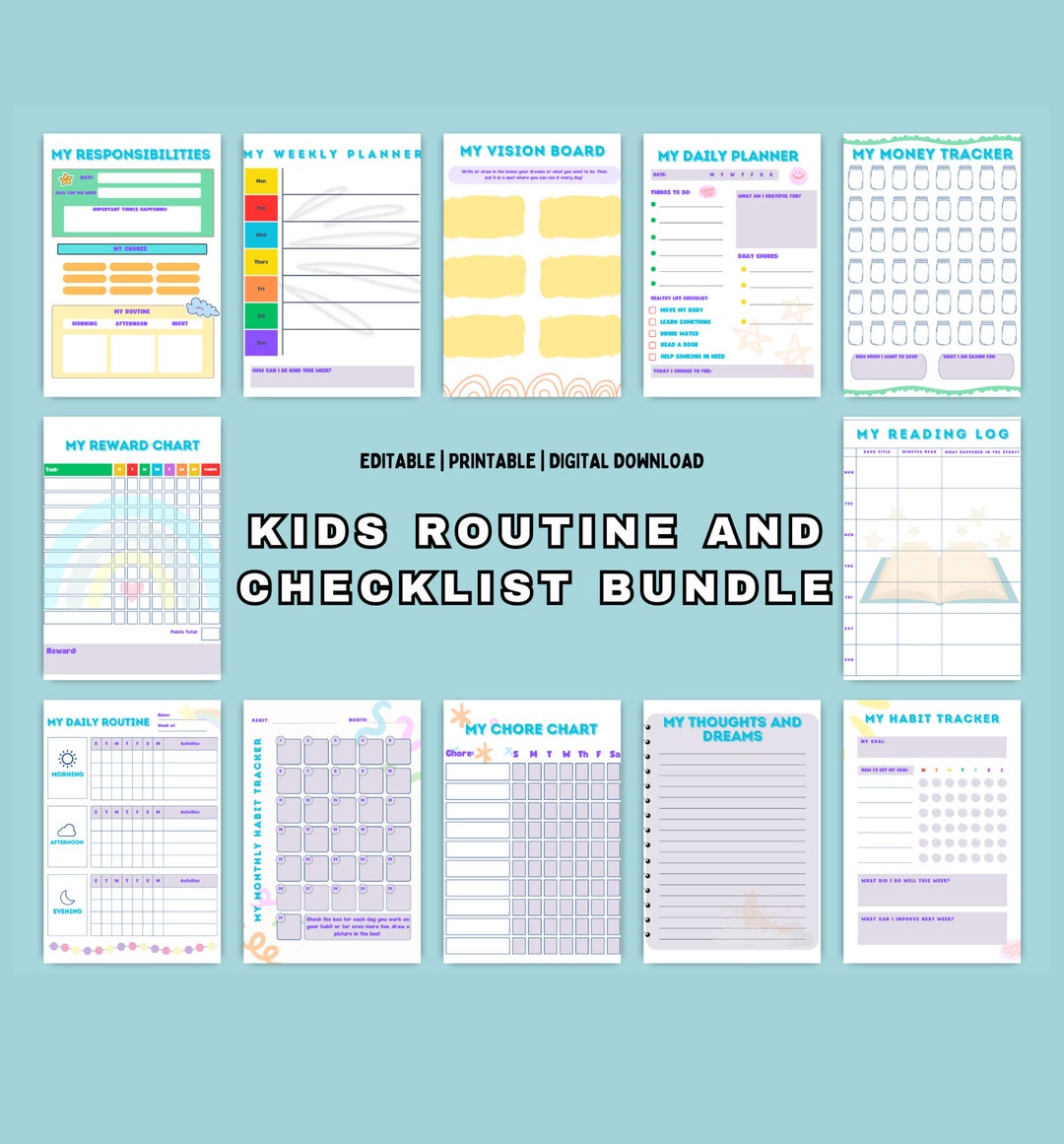 Kids Routine Chart and Checklist Bundle Habit Tracker Chore Chart ...