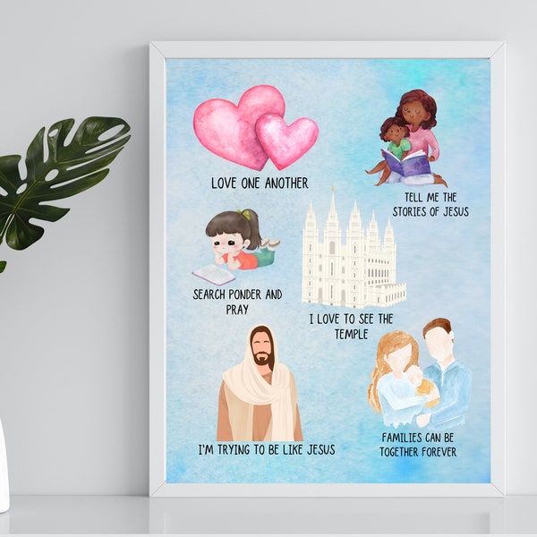 LDS Primary Songs Wall Art - Printable Children's Room Decor in 5X7, 8X10, 12X16, 16X20 - Perfect Baptism & Primary Gift LDS Temple Art