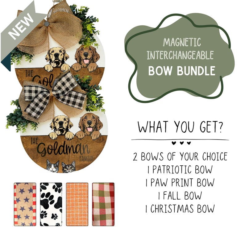 May include: A wooden door hanger with a burlap bow and a black and white buffalo check bow. The door hanger has a dog theme with the family name and dog illustrations. Includes interchangeable bows with patriotic, paw print, fall, and Christmas designs.