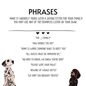May include: A white background with the word "PHRASES" in large black letters. Below, a list of phrases for a family, including "The Family" and "Beware of Wiggle Butts." Illustrations of a Dalmatian and a Dachshund are on the left and right.