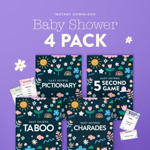 May include: Four printable baby shower game cards with a floral and rainbow design. The games are Pictionary, 5 Second Game, Taboo, and Charades.