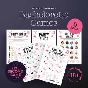May include: A collection of printable bachelorette party games, including Dirty Emoji Pictionary, Party Bingo, and Name the Sex Toy. The games feature pink and white designs with cowboy boot and hat graphics. The text "Instant Download" is at the top.
