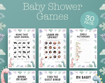 Baby Shower Games and Activities Bundle | Thirty Pack | Instant Download | Baby Shower Party Games | Printable Games Pack | Dinosaur Themed