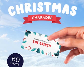 May include: A printable Christmas charades game with 50 cards. The card shown is for the character "The Grinch".