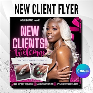 Nail Flyer New Clients, Flyer Template Editable, New Clients, Premade Business Flyer Design, Pink Flyer, glitter