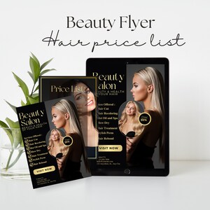 Può includere: Un volantino nero e dorato per un salone di bellezza chiamato "Beauty Salon" con il testo "Bellezza e salute dei tuoi capelli" e un elenco di servizi offerti, tra cui taglio di capelli, colorazione, olio caldo e spa, asciugatura, trattamento dei capelli, permanente alla moda e ristrutturazione dei capelli. Il volantino include anche un numero di telefono, un indirizzo email e un indirizzo. Il volantino offre uno sconto del 35%.