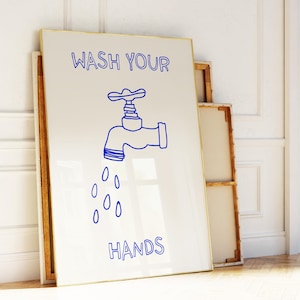 Trendy Bathroom Poster, Wash Your Hands Print, Cute Bathroom Decor, Retro Print, Funny Bathroom Print,  Printable Wall Art Blue