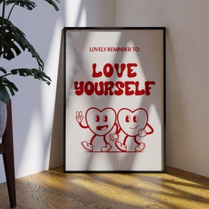 Impresión de amor propio, arte de pared con forma de corazón, impresión divertida de corazón, póster de corazón, arte de pared moderno, impresiones de arte de amor rojo, arte de pared rojo, póster de pared de amor