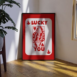 Carta Lucky You, Stampa retrò, Poster Lucky You, Arte da parete alla moda, Carte da gioco, Arte da parete con carte da gioco, Arte da parete rossa, Stampa Regina di cuori