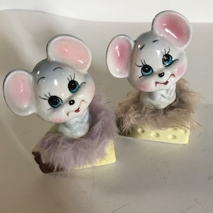 Fuzzy Mice On Cheese Figurines 1950s Kitsch