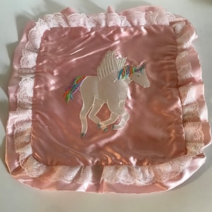 Unicorn Pillow Cover pink satin ruffled lace rainbow mane handmade