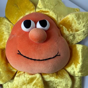 Può includere: Un giocattolo di peluche a forma di girasole con un viso arancione sorridente, occhi neri e un naso rotondo. I petali sono gialli e il viso ha un sorriso nero cucito. Il giocattolo è progettato per assomigliare a un fiore allegro.