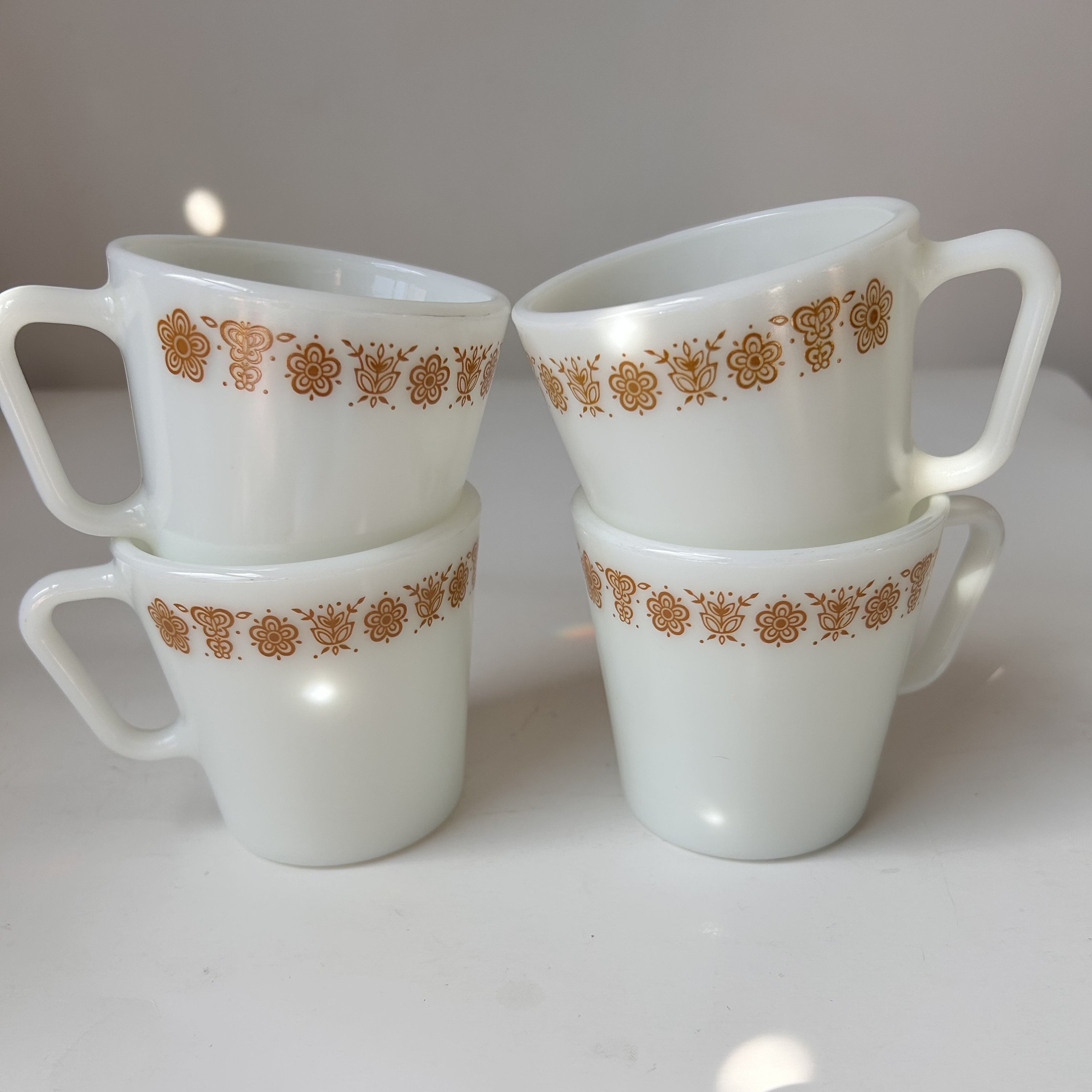 Butterfly Gold Pyrex Milk Glass Mugs Set of 4