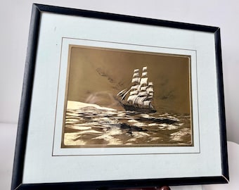 Vintage Dufex Foil Print: Old English Sailing Ship, Solid Wood