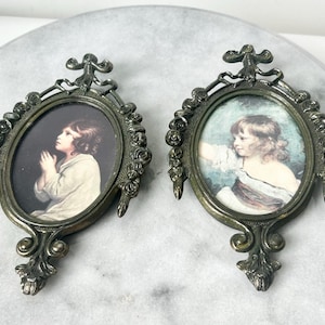Italian Brass Ornate Frames With Art Prints Set of 2