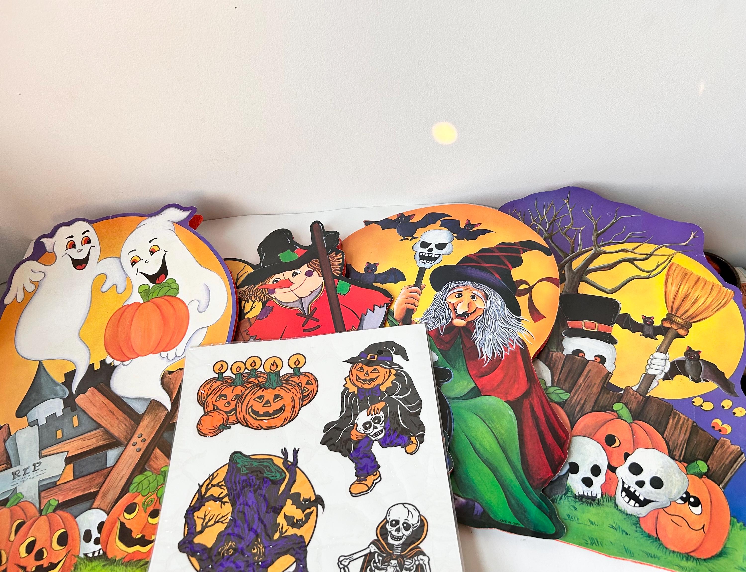 Lot Vintage Décorations Halloween En Carton - Sorcière, Citrouille, Raton Laveur - Occasion