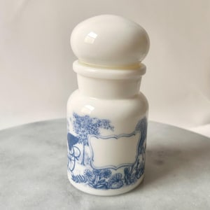 Könnte beinhalten: Weiße Apothekerglas mit rundem Deckel. Das Glas zeigt eine blau-weiße pastorale Szene mit einem leeren Etikett. Das Glas besteht aus Keramik oder Porzellan und wird wahrscheinlich zur Aufbewahrung von Gegenständen verwendet.