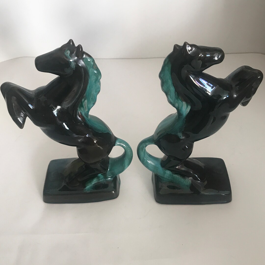 Blue Mountain Pottery Rearing Horse Bookends Drip Glaze Red Clay Etsy