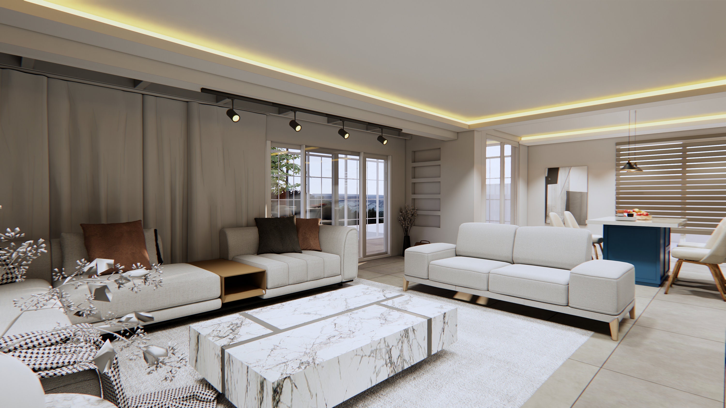 3D Render Interior Design Living Room and Kitchen Visualization ...