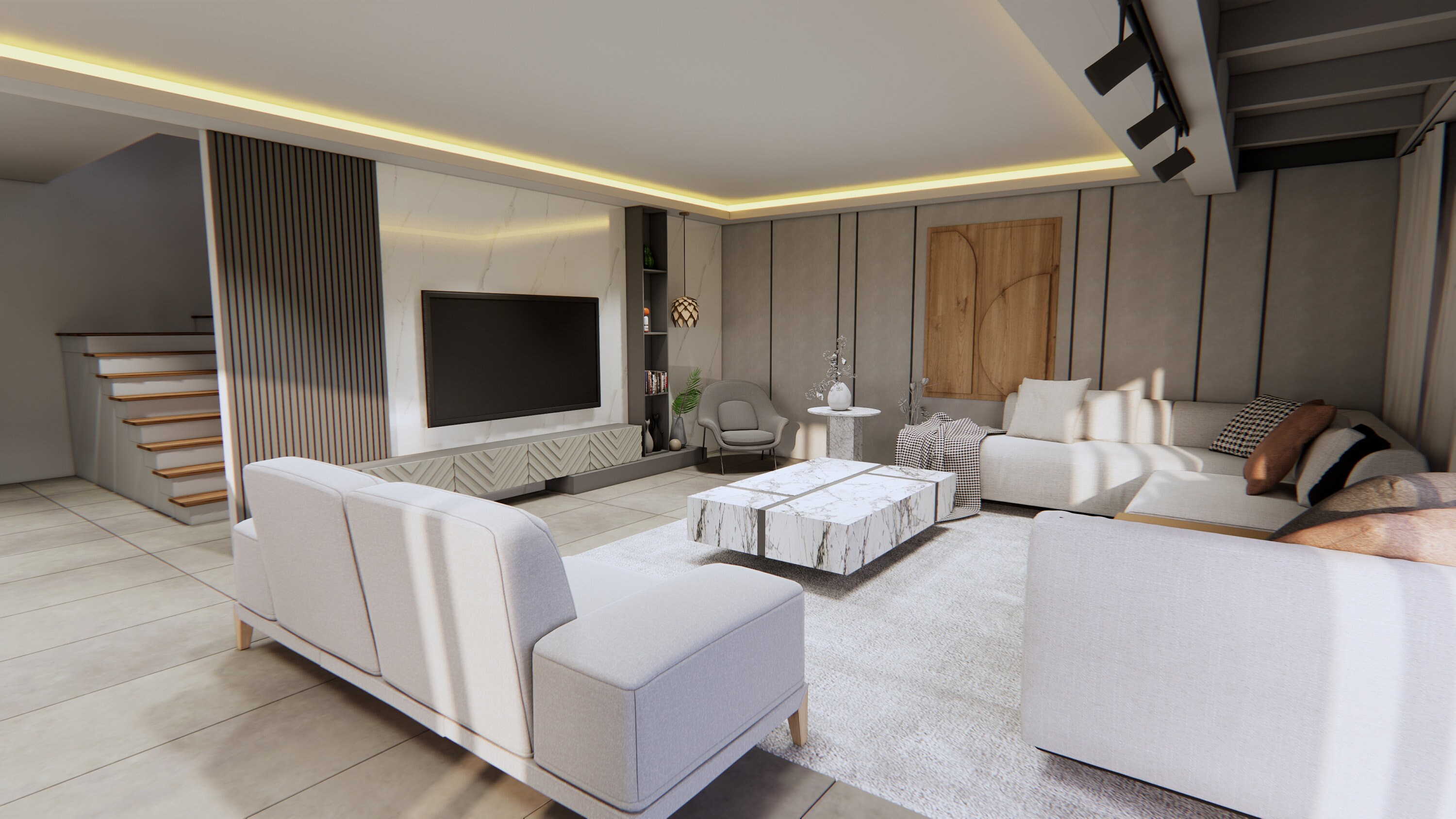3D Render Interior Design Living Room and Kitchen Visualization ...