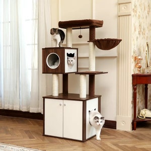 59" Cat Tree Tower with Wooden Hidden Cat Litter Box Enclosure Furniture, Modern Cat Tree, Cat Tower, Cat House, Cat Lover Gift, Cat Gifts