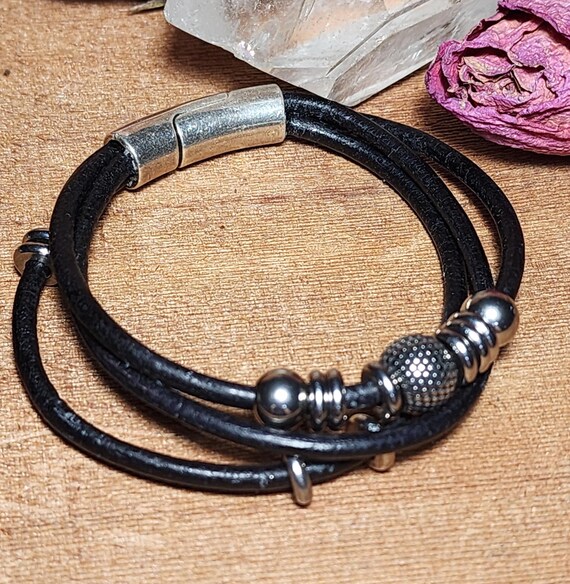 Black Leather 3 Strand Bracelet, Stainless Steel Beads, Magnetic Clasp