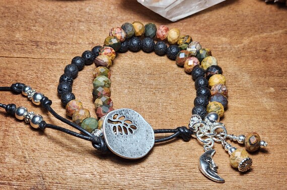 Red Creek Jasper & Lava Rock Multi Strand Bracelet with A Button and Leather Fastening