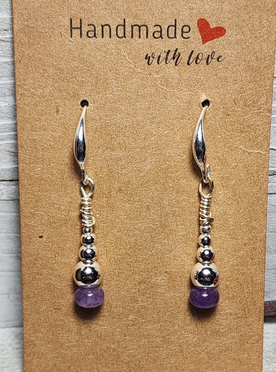 Amethyst Wire Wrapped Sterling Silver Plated Bead Earrings.