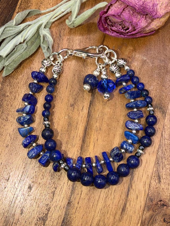 Lapis Lazuli Chip, Bead,  Double Strand Charm Bracelet