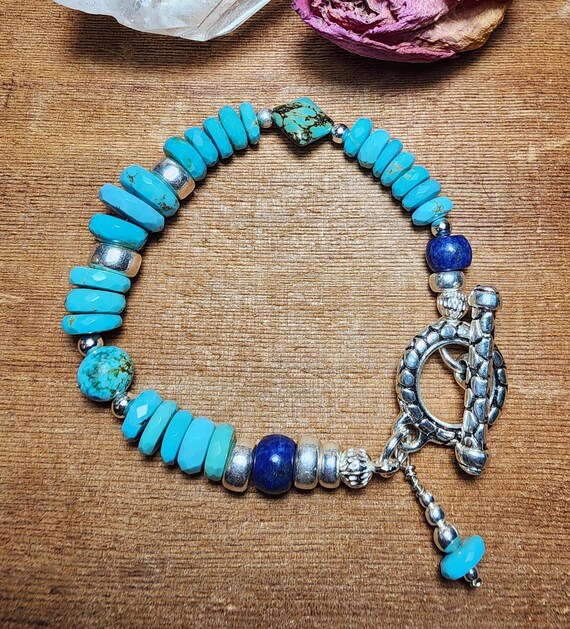Kingman Turquoise, Lapis Lazuli, Sterling Silver ~  Toggle Clasp Bracelet