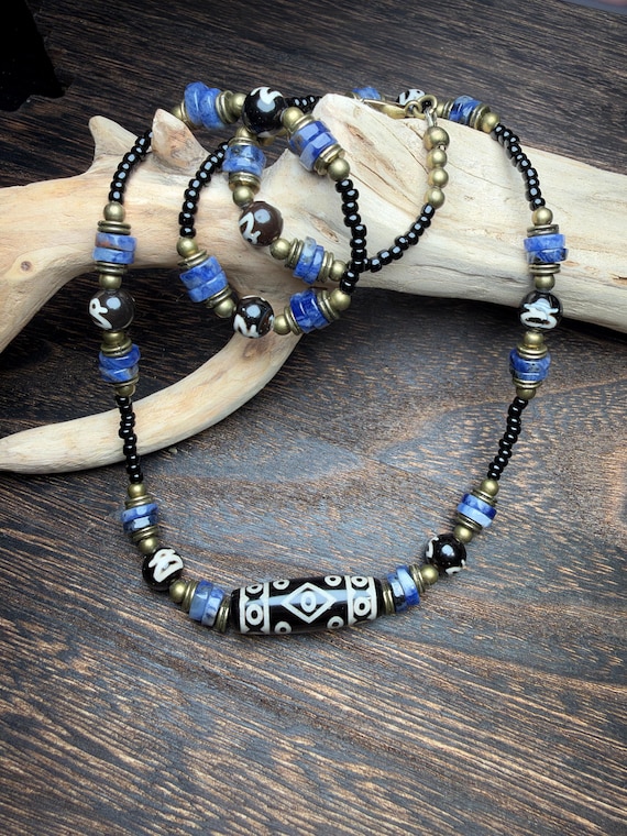DZI Agate, Lapis Lazuli Heishi Beads, God of Wealth Beads - Beaded Choker/Necklace.