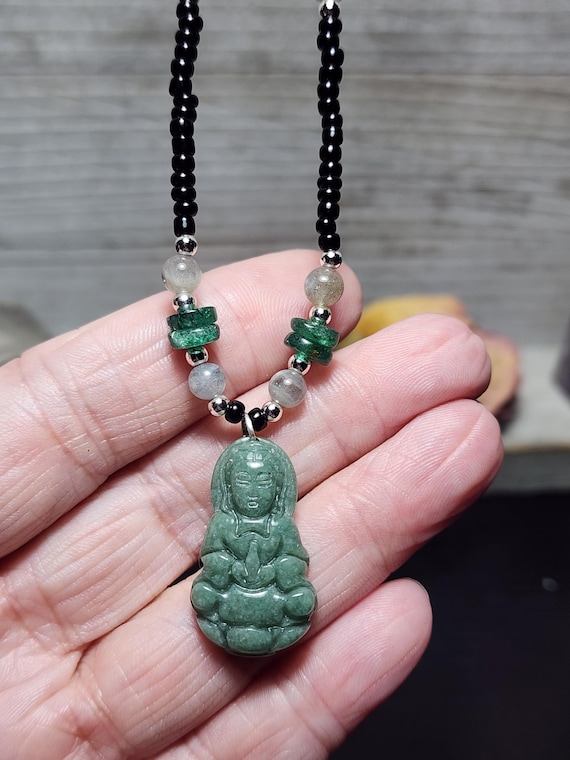 Jade Guan Yin, Flashy Labradorite, and Emerald Necklace