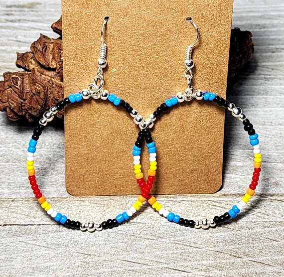 Hoop Earrings with Multi Colored Czech Glass and Sterling Silver Beads