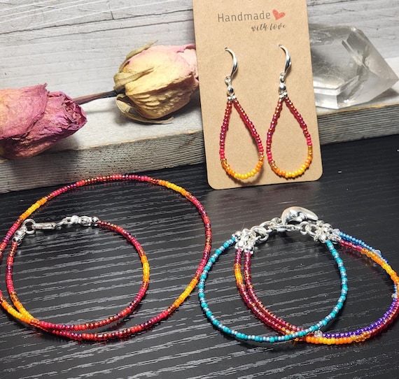 Coral Reef Czech Seed Bead  -  Necklace, Triple Strand Bracelet and Earring Set