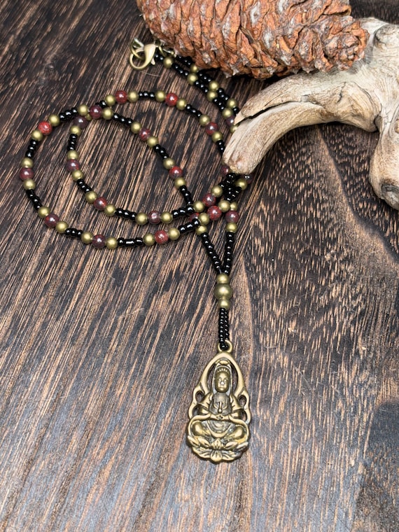 Goddess Talisman - Brass GuanYin Garnet - Necklace