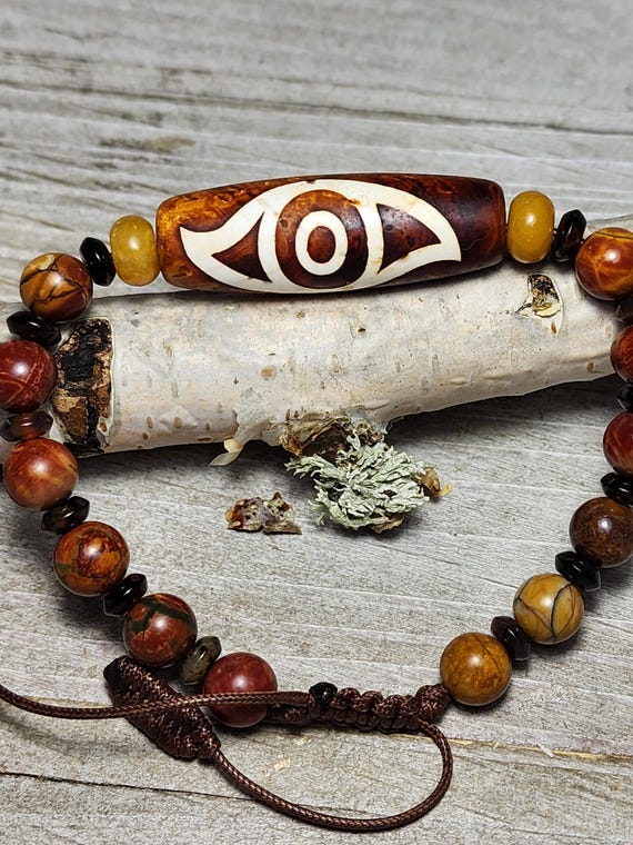 DZI Agate, Yellow Jade & River Creek Jasper beaded~ Adjustable Bracelet