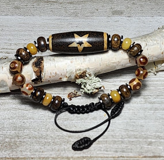 Talisman Ritual Old Agate DZI Sun, Moon, Star ~ Adjustable Bracelet