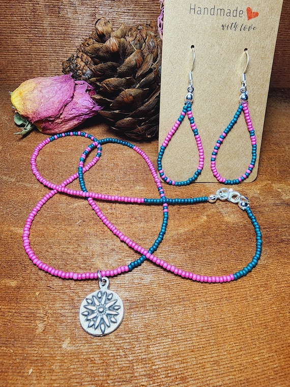 Penelope Set ~ A Pink and Teal Czech Seed Bead Necklace with a Pewter Mykonos Sun Charm and Sterling Silver Earring Set